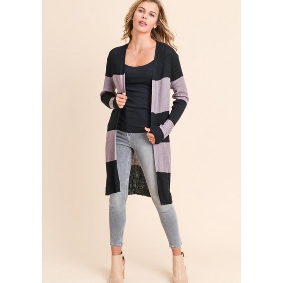 Purple Black Striped Cardigan Sweater - Picture 3 of 4